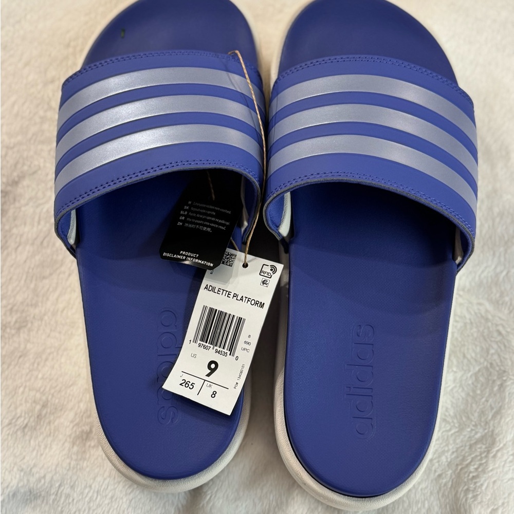 Adidas Adilette Platform Slides in Blue and White unisex 9M/11W